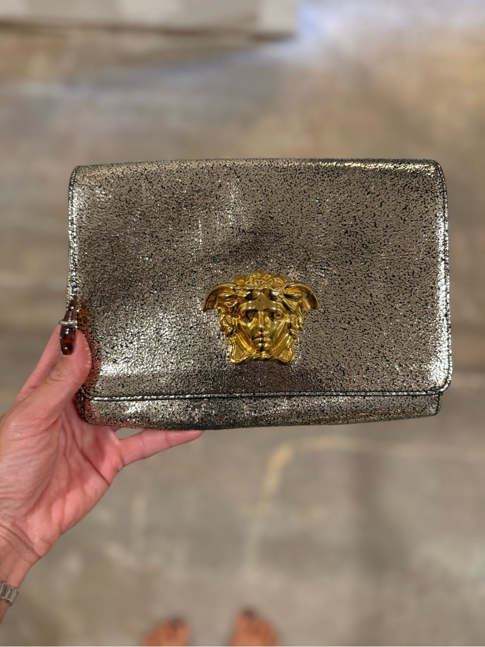 Versace Silver Glitter Clutch with Gold Medusa